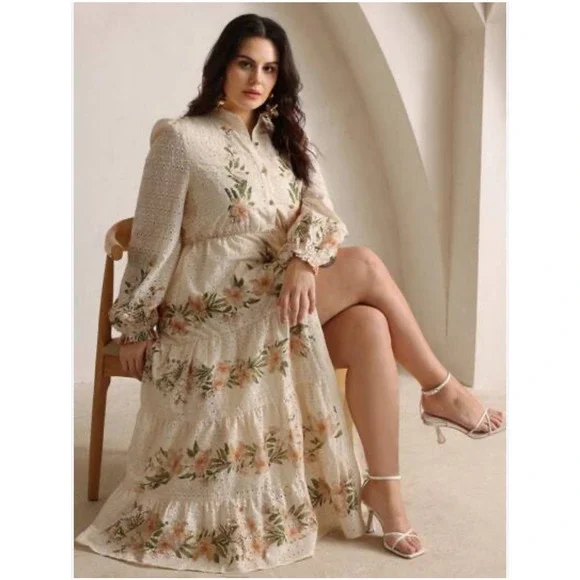 ANewsta Curve 4XL Ivory Floral Embroidered Eyelet Maxi Dress Long Sleeve Cottage - Picture 4 of 13